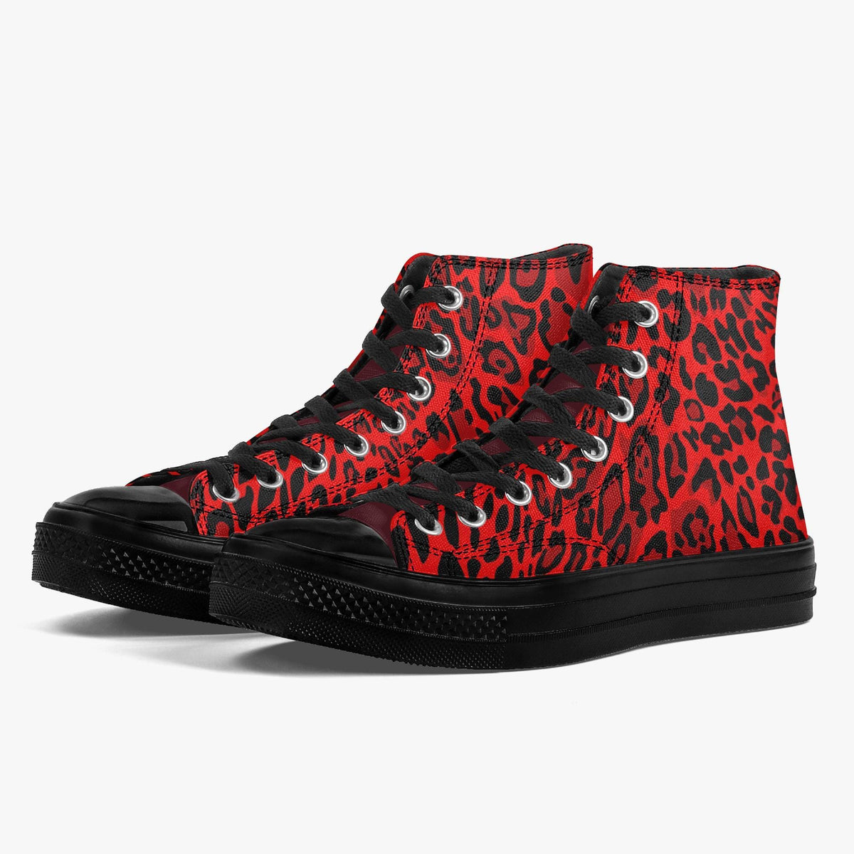 A pair of red and black high-top sneakers with a leopard print pattern.