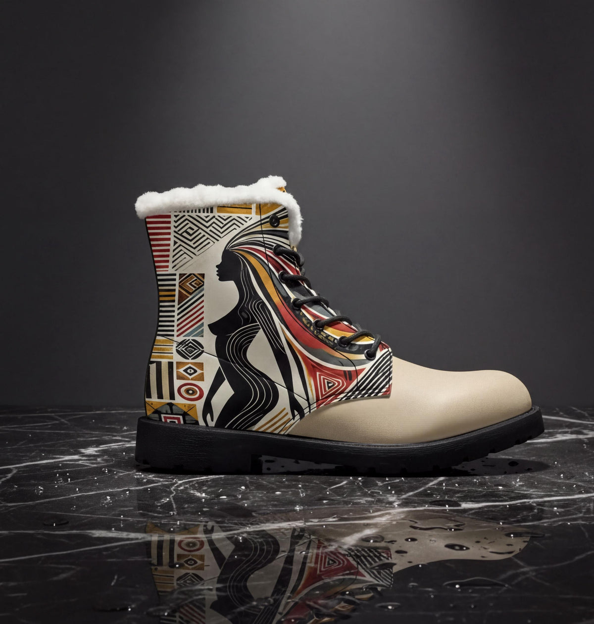 A white and black patterned boot with a fur lining is displayed on a black marble surface, reflecting the boot.
