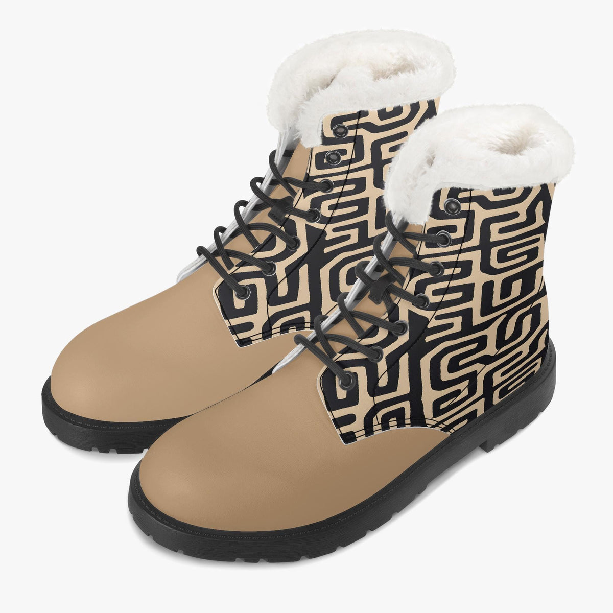 A pair of tan boots with a black geometric pattern on the side and a white fur lining.