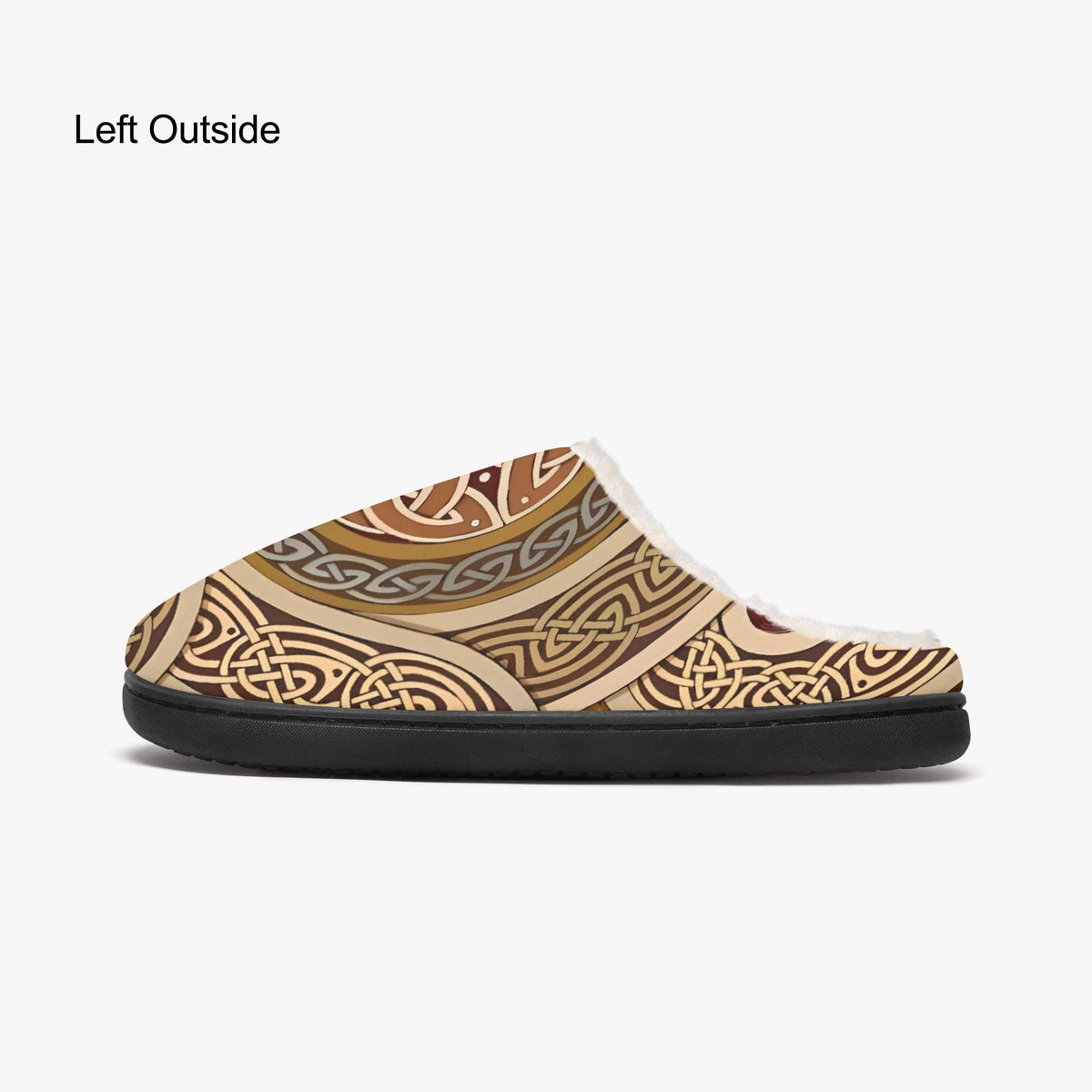 A pair of slippers with a decorative pattern on the side.