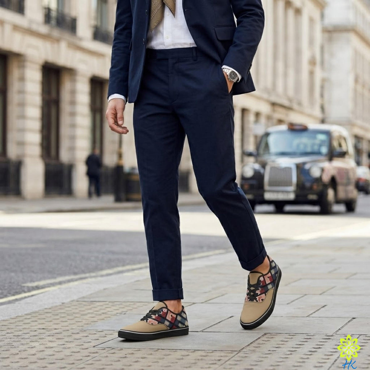A man in a navy blue suit and beige shoes is walking on a city sidewalk, with a black taxi cab visible in the background.