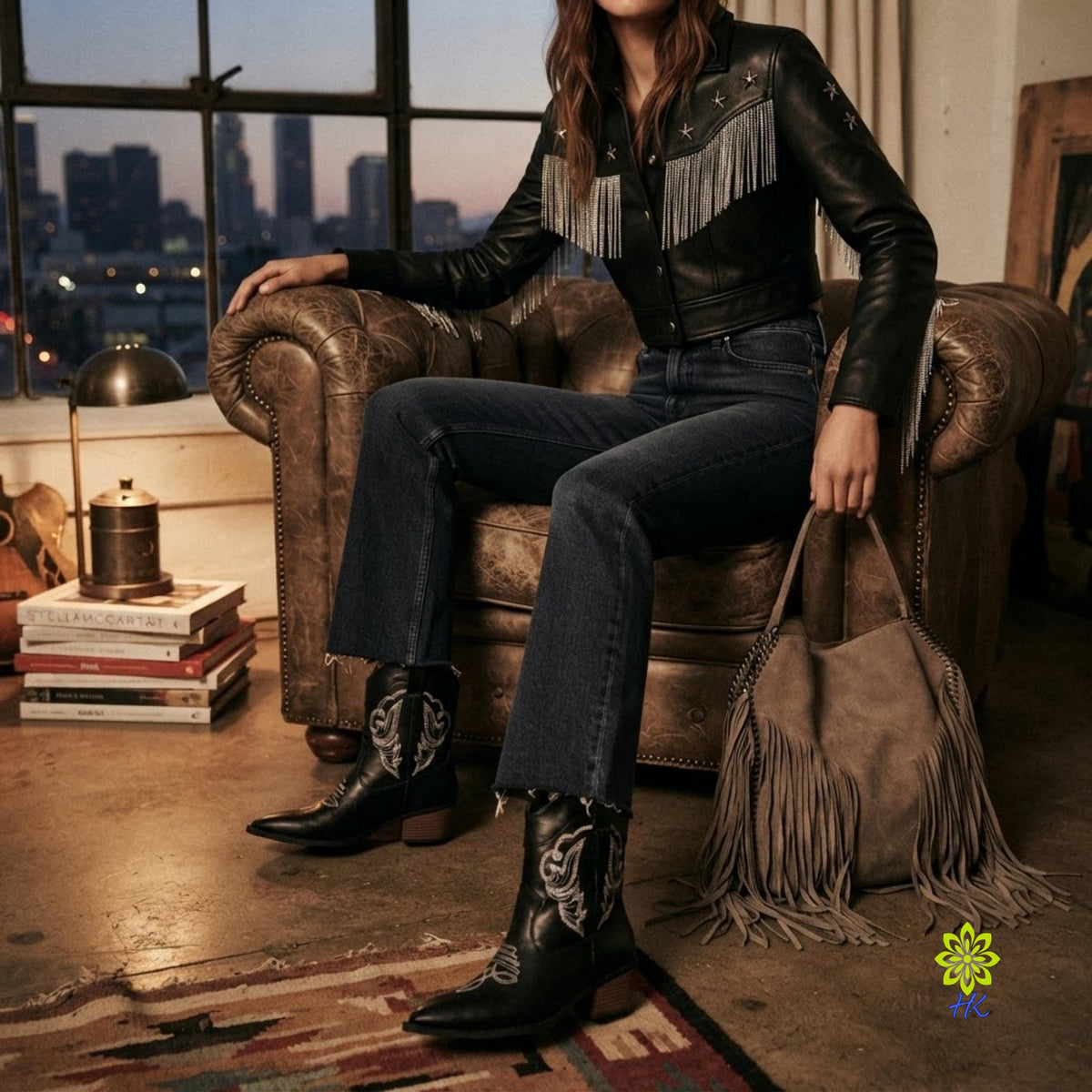 A woman sits in a brown leather armchair in a loft-style room, wearing a black leather fringe jacket, dark blue jeans, and black western boots with white embroidery. She holds a taupe suede fringe bag next to her.