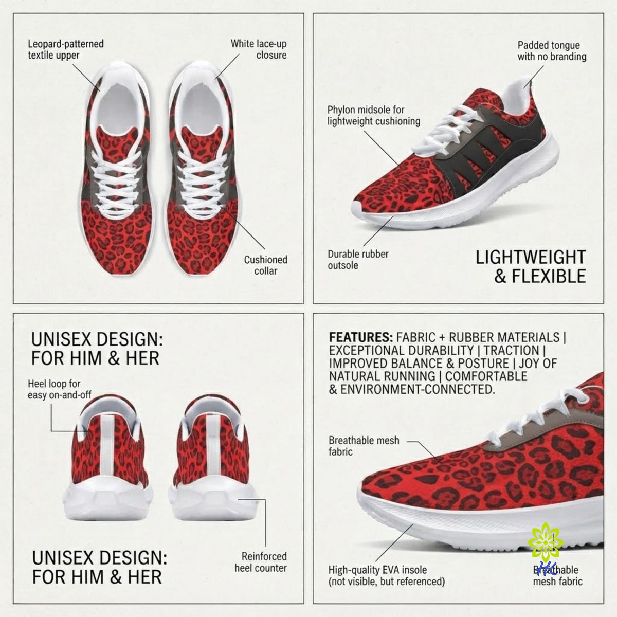 Red Leopard Print Athletic Sneakers – Unisex Chunky Running Style Shoes