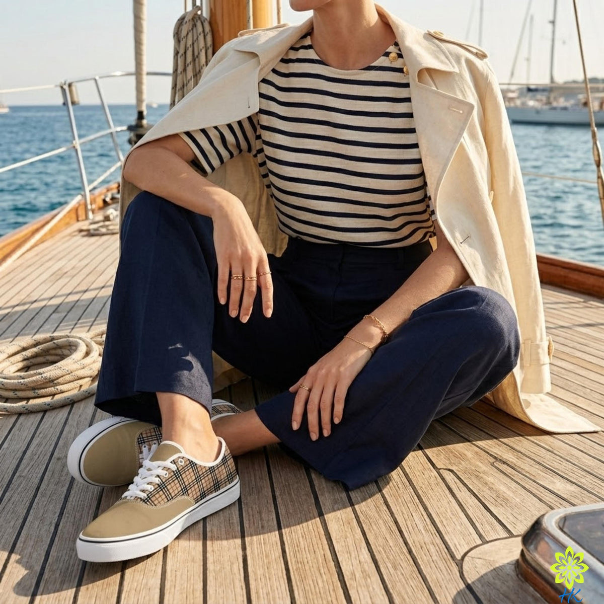 A person is sitting on a wooden boat, wearing a striped shirt, navy blue pants, and plaid shoes, with a beige coat draped over their shoulders.