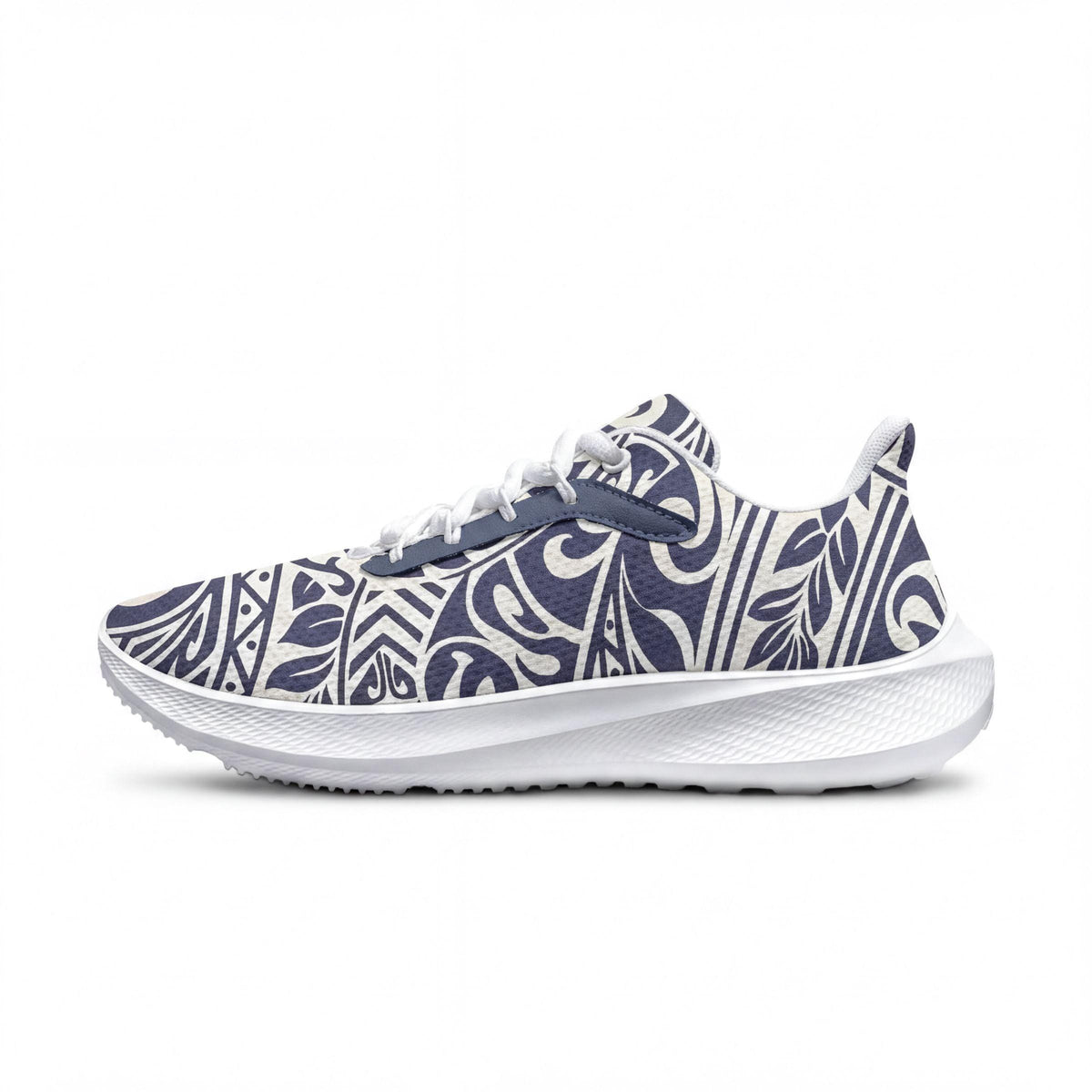 A pair of white and blue patterned sneakers with a floral design.