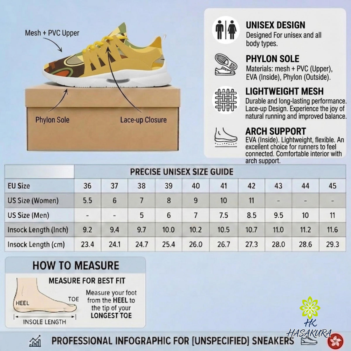 The image is a professional infographic for unspecific sneakers, providing information on the size guide for various body types and the design of the sneakers.