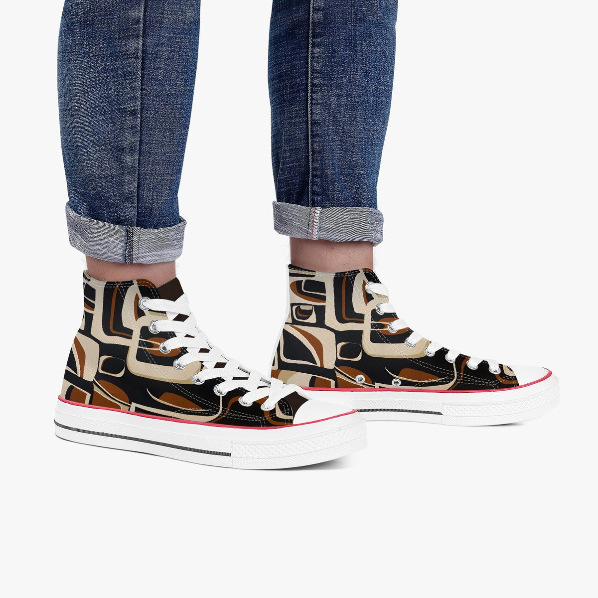 A pair of high-top sneakers with a colorful abstract pattern on the side.