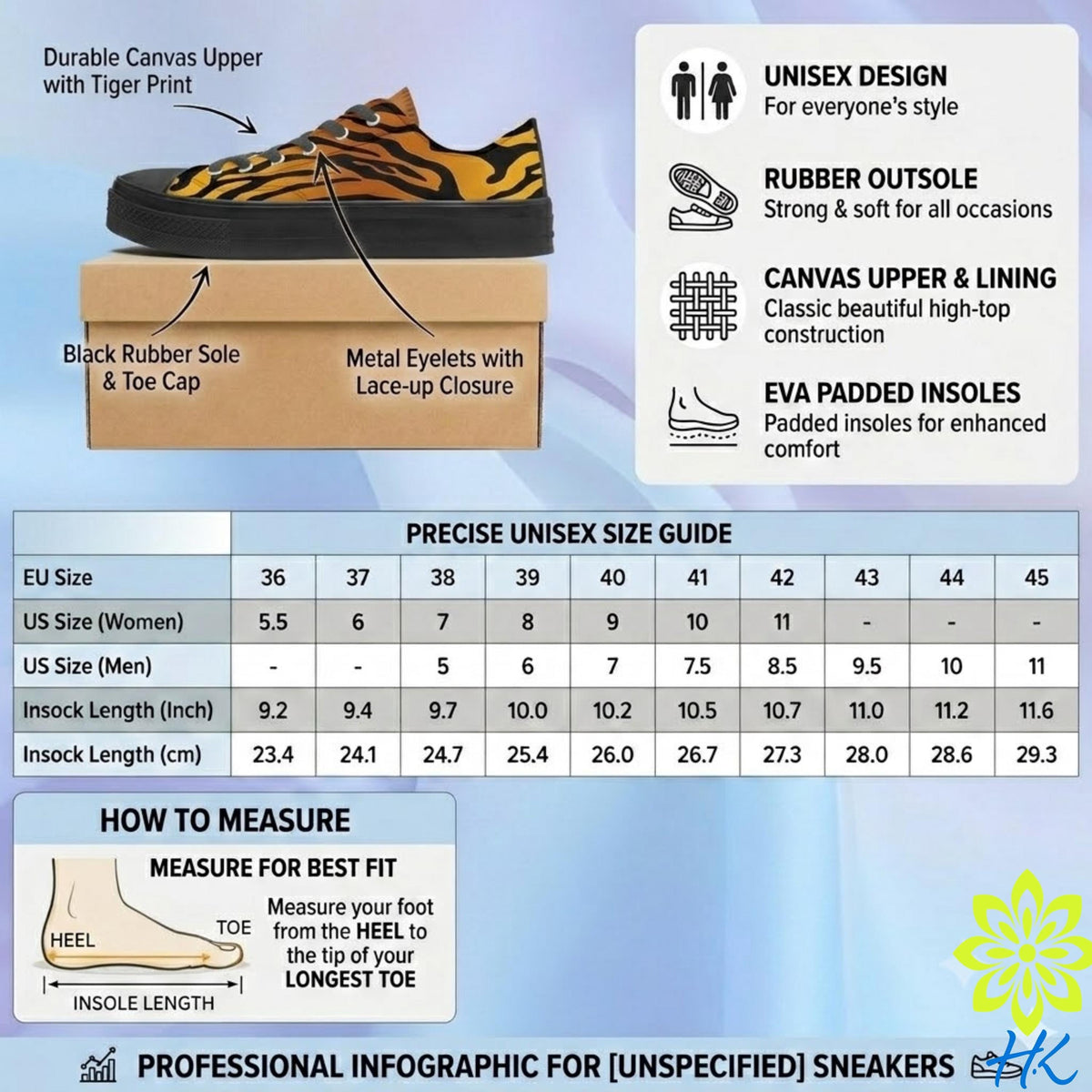 The image is a professional infographic for sneakers, providing information on the design, materials, and measurements for various unisex styles.