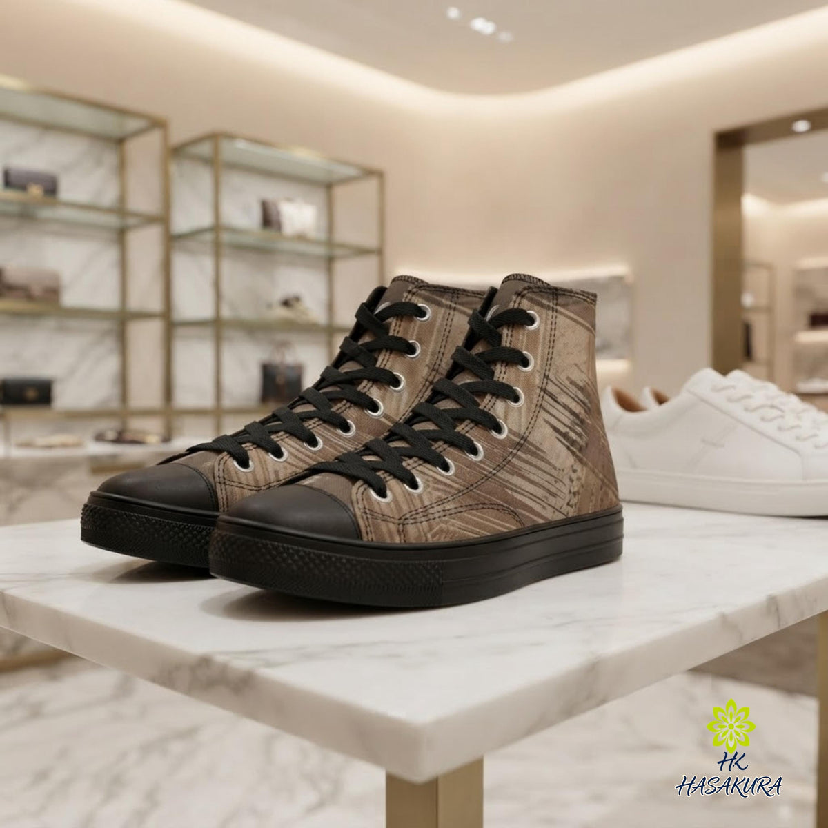 A pair of brown and black high-top sneakers with black laces and soles, displayed on a white marble countertop in a store.