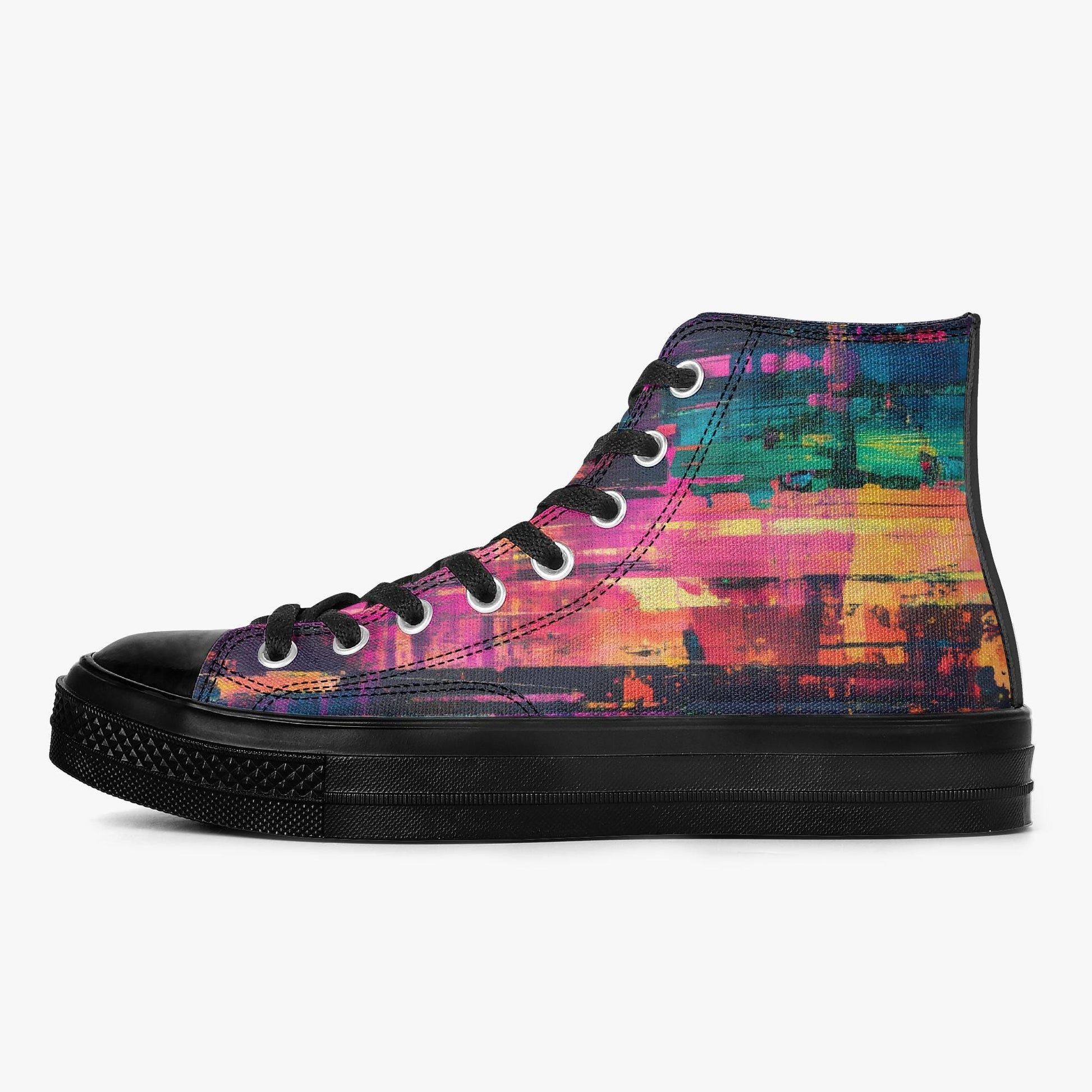A colorful, patterned high-top sneaker with a black sole and laces.