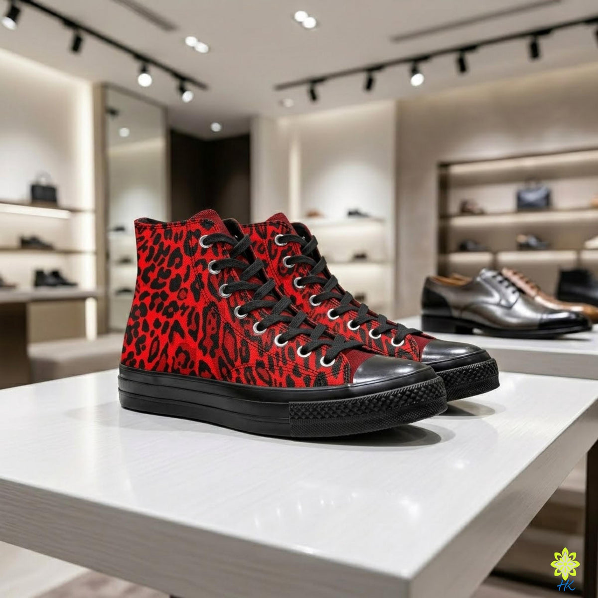A pair of red and black high-top sneakers with a leopard print pattern, displayed on a white table in a shoe store.