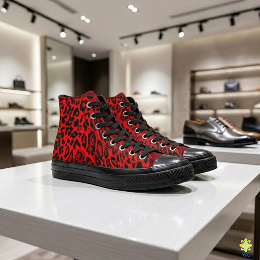 A pair of red and black high-top sneakers with a leopard print pattern, displayed on a white table in a shoe store.