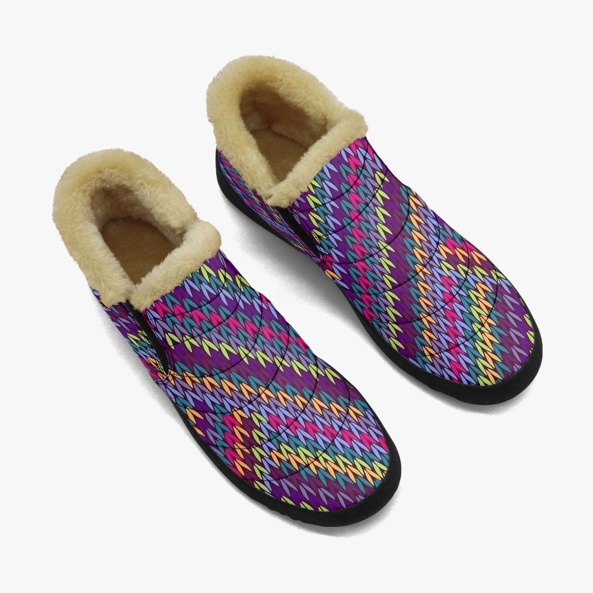 A pair of colorful, patterned boots with fur lining, displayed against a white background.