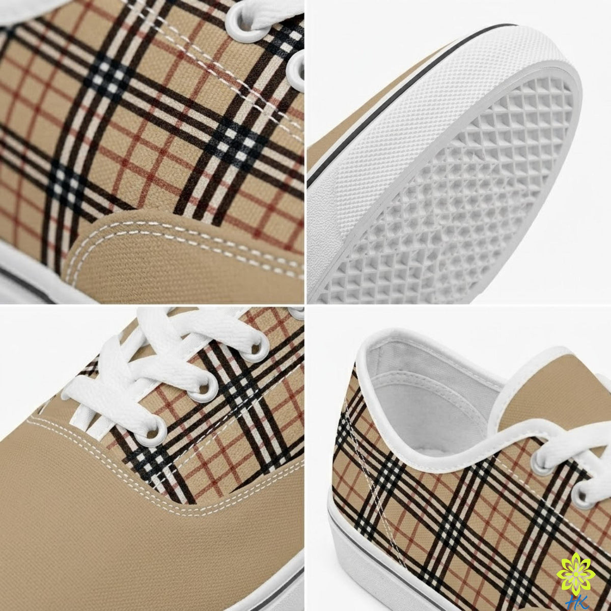 A collage of four close-up images of a beige and black plaid shoe, showcasing the shoe's design and details.