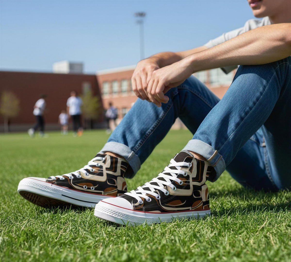 A person sitting on the grass wearing black and white sneakers with a colorful design.