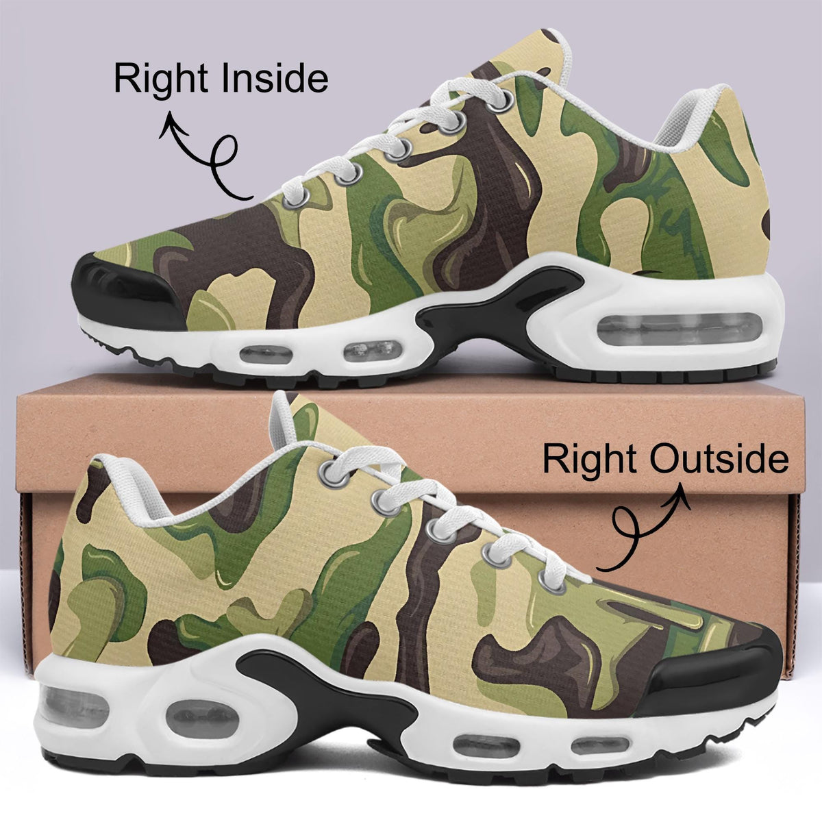 a pair of camouflage sneakers with a label indicating the right side of the shoe is inside and the right side outside.