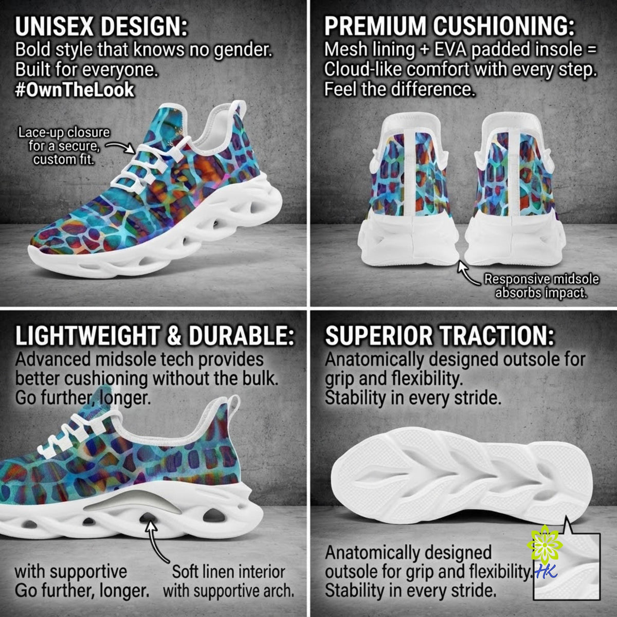 A four-panel marketing infographic for a colorful athletic sneaker. The top-left panel shows the shoe with text highlighting 'Unisex Design' and a lace-up closure.