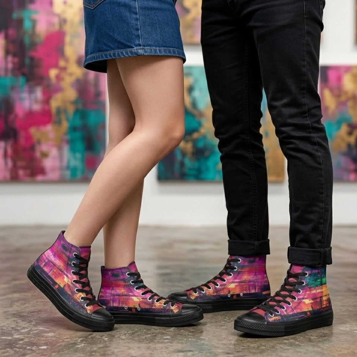 A pair of people standing close together, both wearing colorful high-top sneakers with a vibrant, abstract pattern.