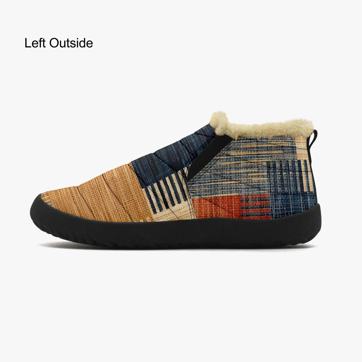 A colorful, patterned shoe with a fur lining, featuring a mix of warm tones and bold geometric designs.