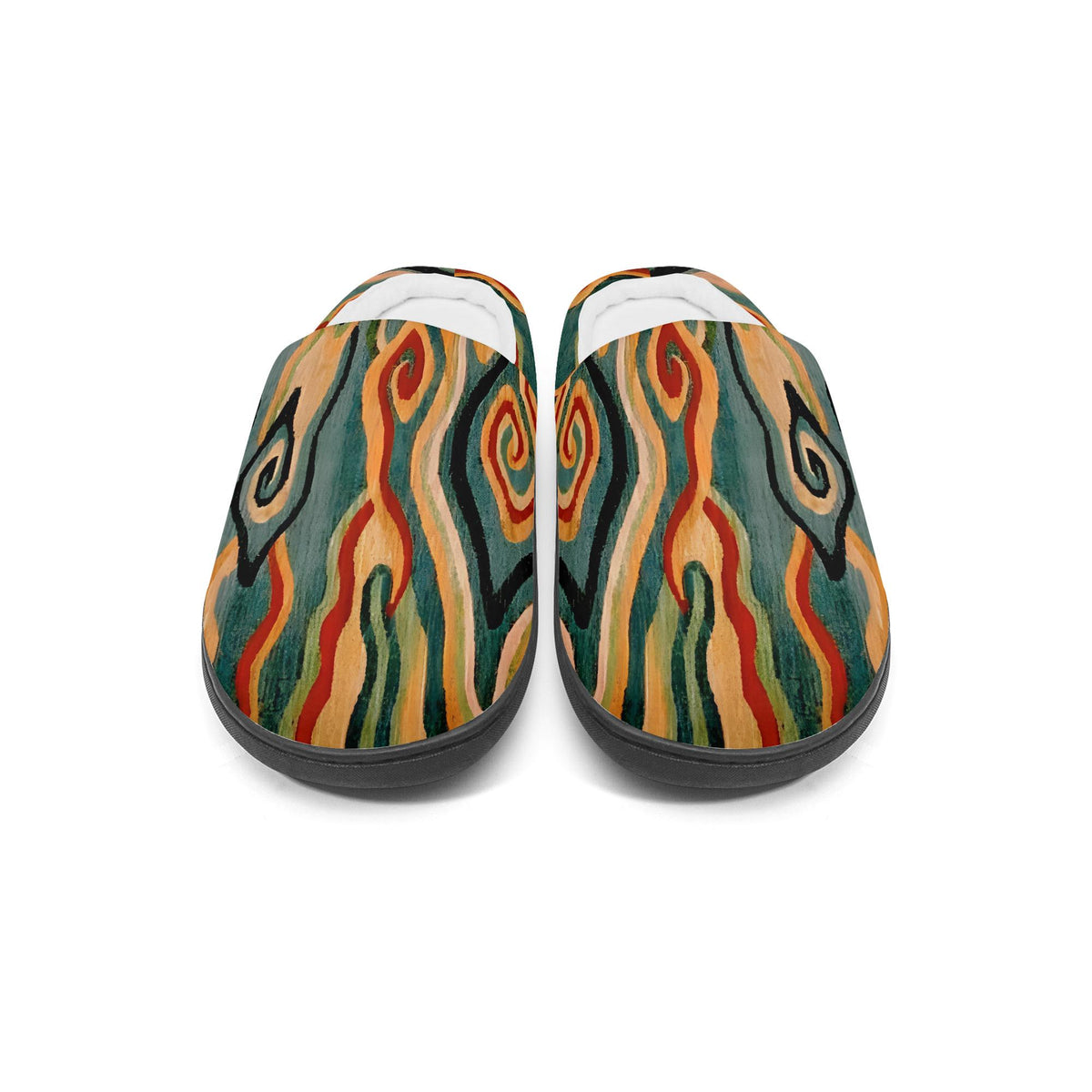 A pair of colorful, abstract slippers with swirling patterns in various shades of green, orange, and red.