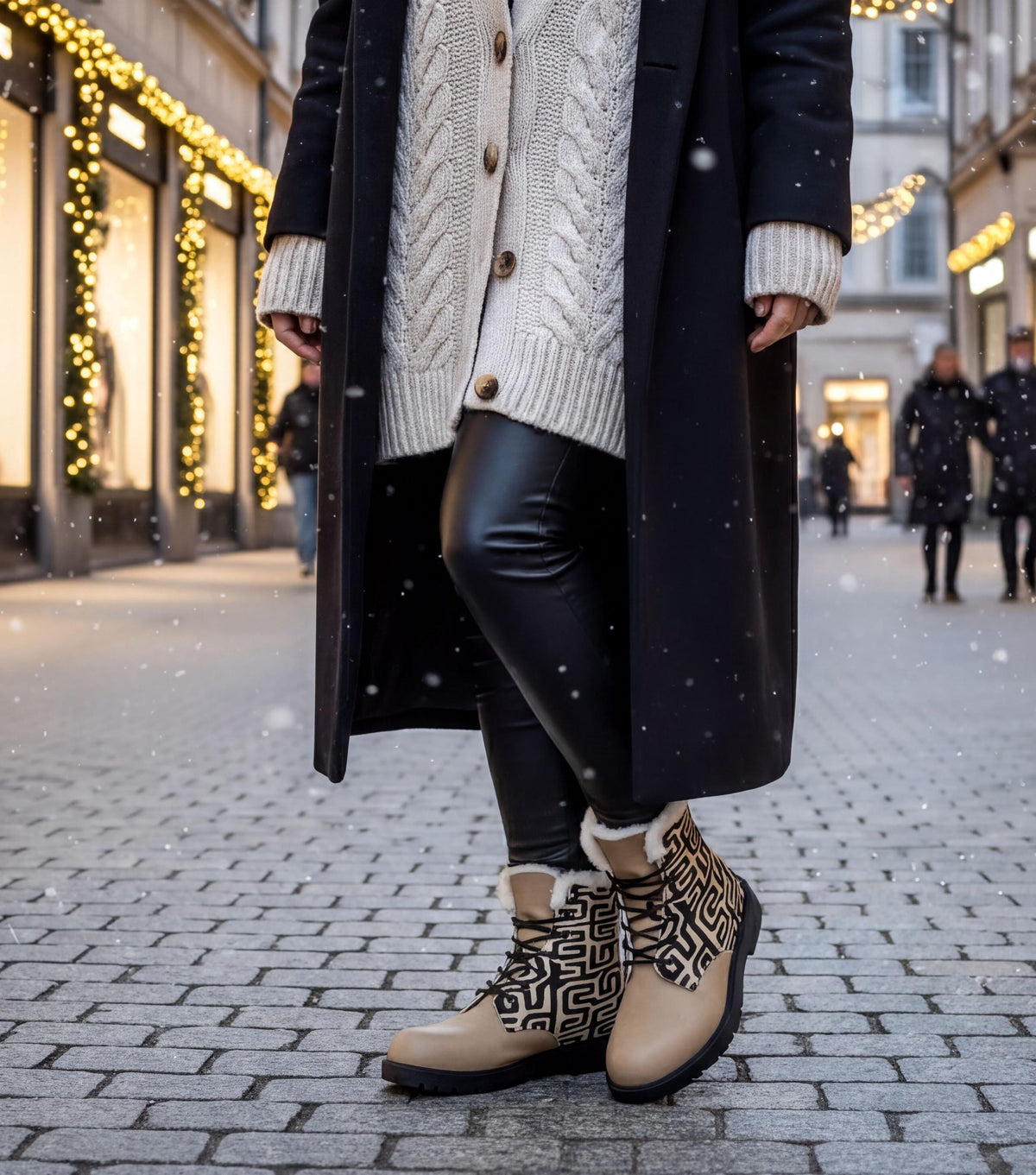 A person wearing a long black coat, white sweater, and patterned boots stands on a snowy street, with a blurred background of buildings and people.