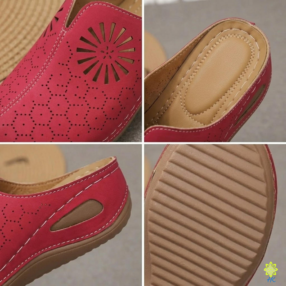 A close-up of a red shoe with a cutout design on the side, showing the heel and sole.