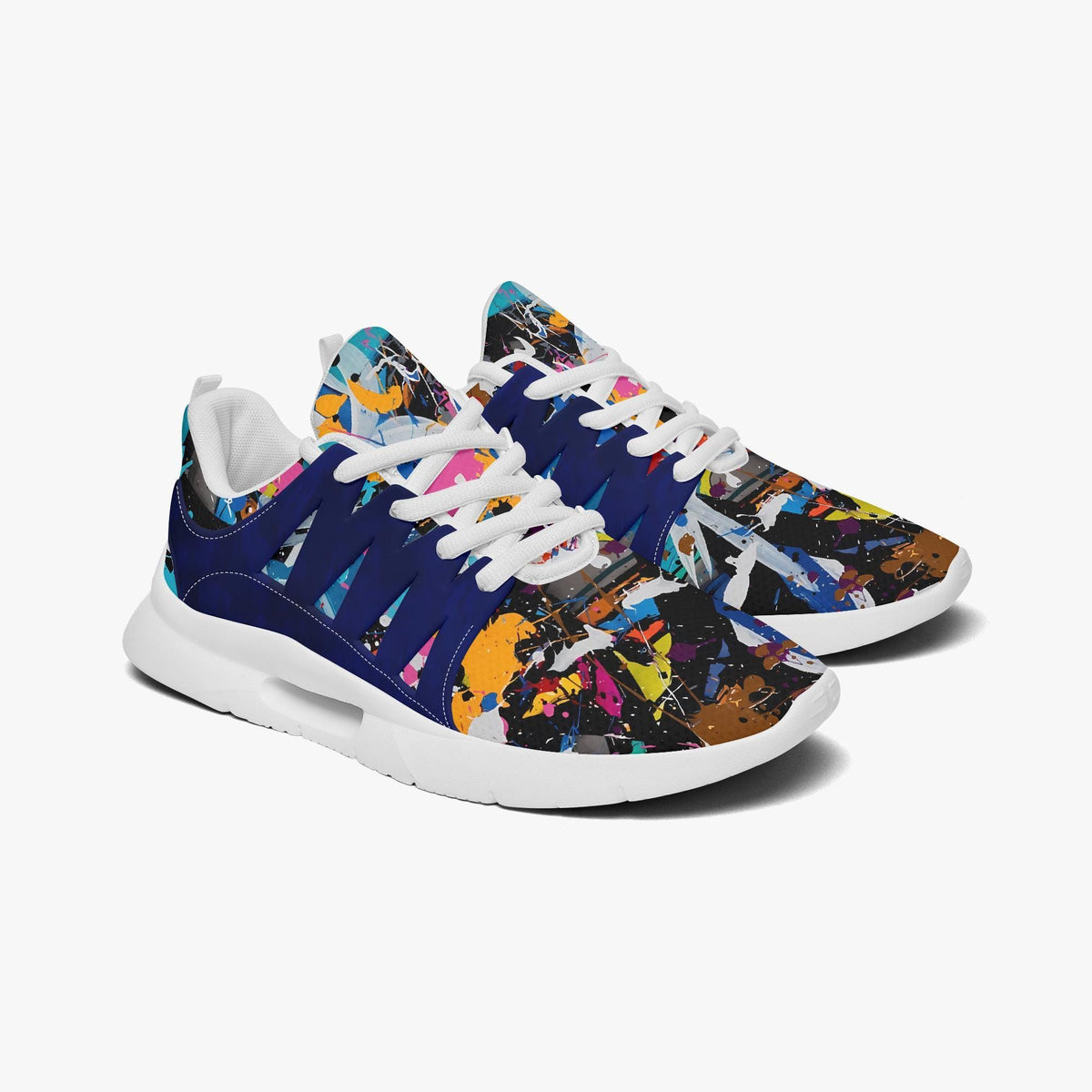 A pair of colorful, patterned sneakers with a vibrant design.
