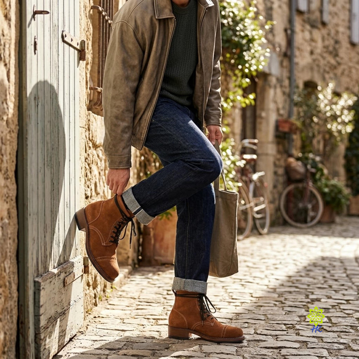 A person wearing a brown leather jacket, dark green ribbed sweater, blue jeans with rolled cuffs, and brown lace-up boots, standing on a cobblestone street in a sunlit outdoor setting.
