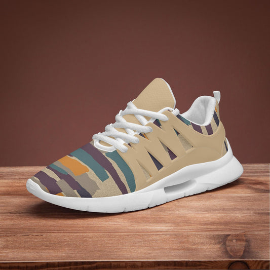 A colorful and patterned sneaker is displayed on a wooden surface against a brown background.