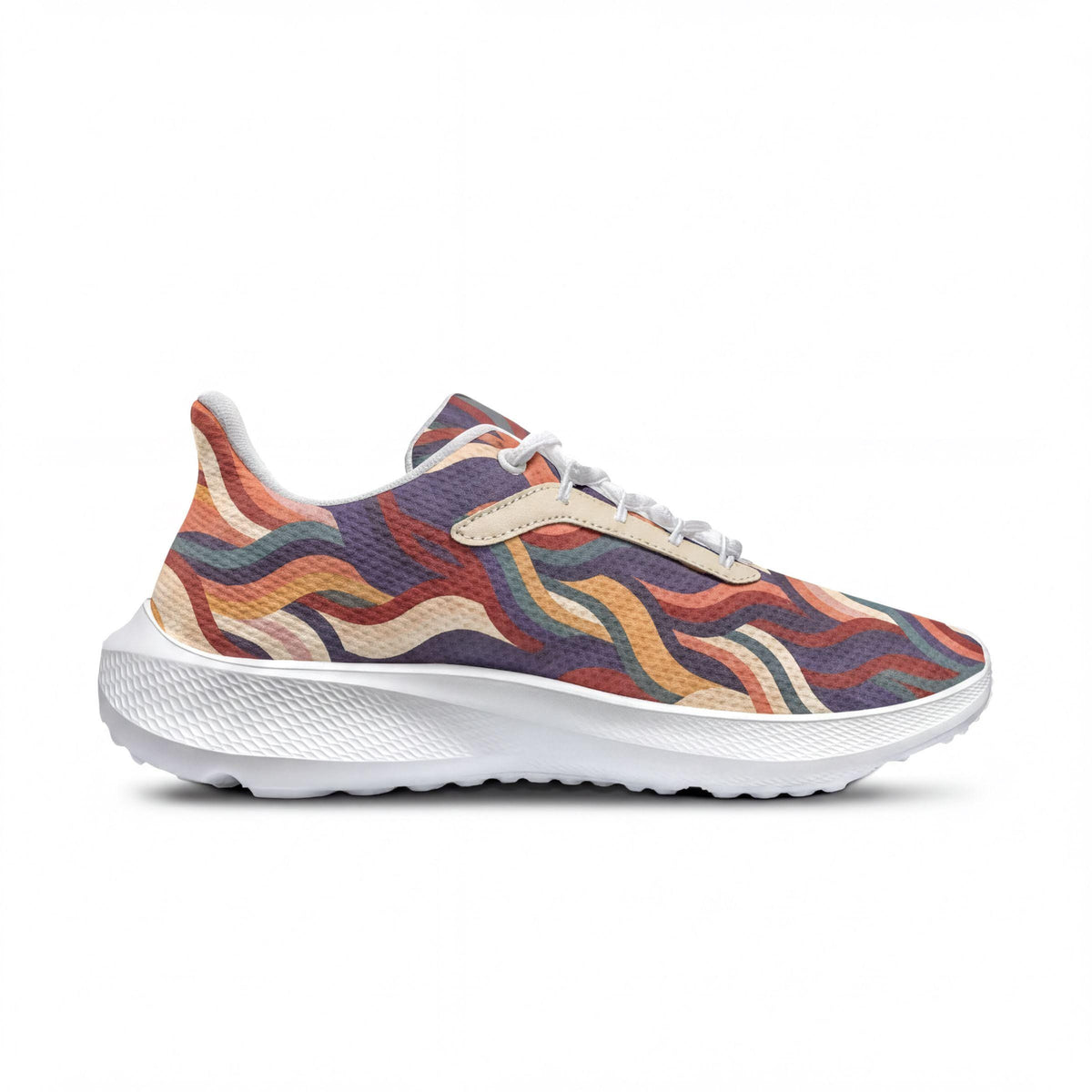 A colorful, patterned sneaker with a wavy design on the side.