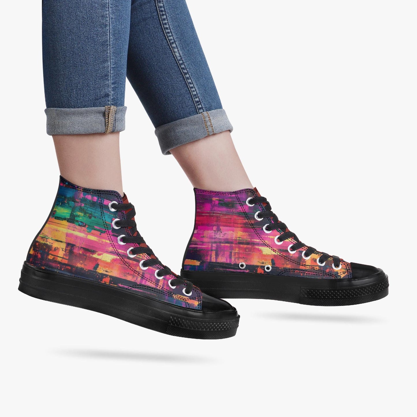 A pair of colorful, patterned high-top sneakers with a vibrant design.