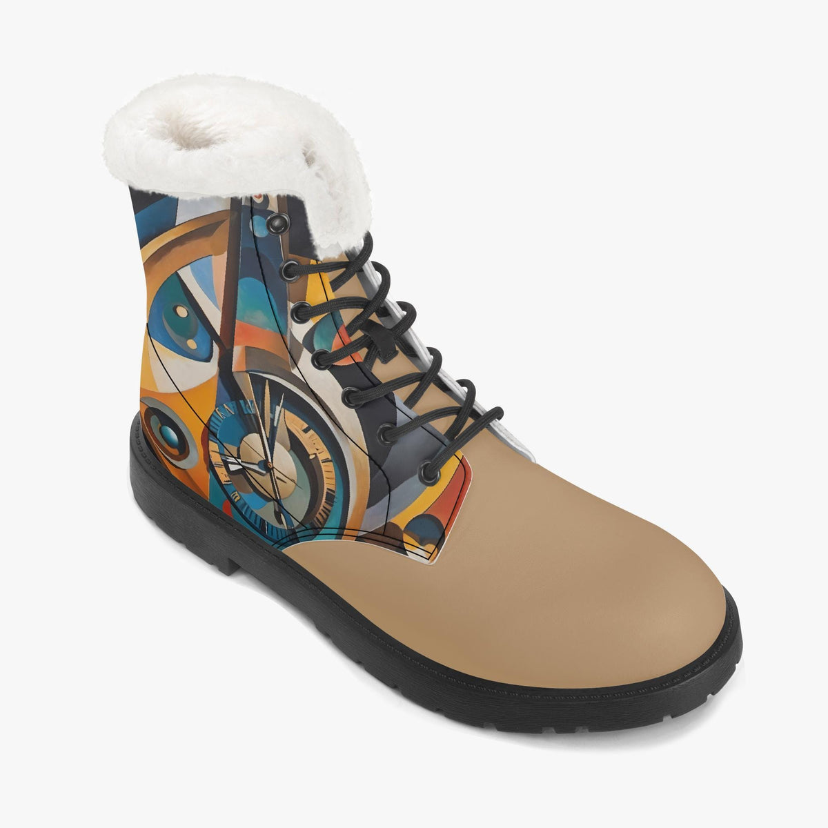 A colorful and abstract boot design with a fur lining and black laces.