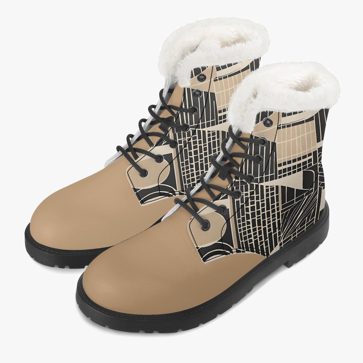 A pair of tan boots with a black and white geometric pattern on the side.