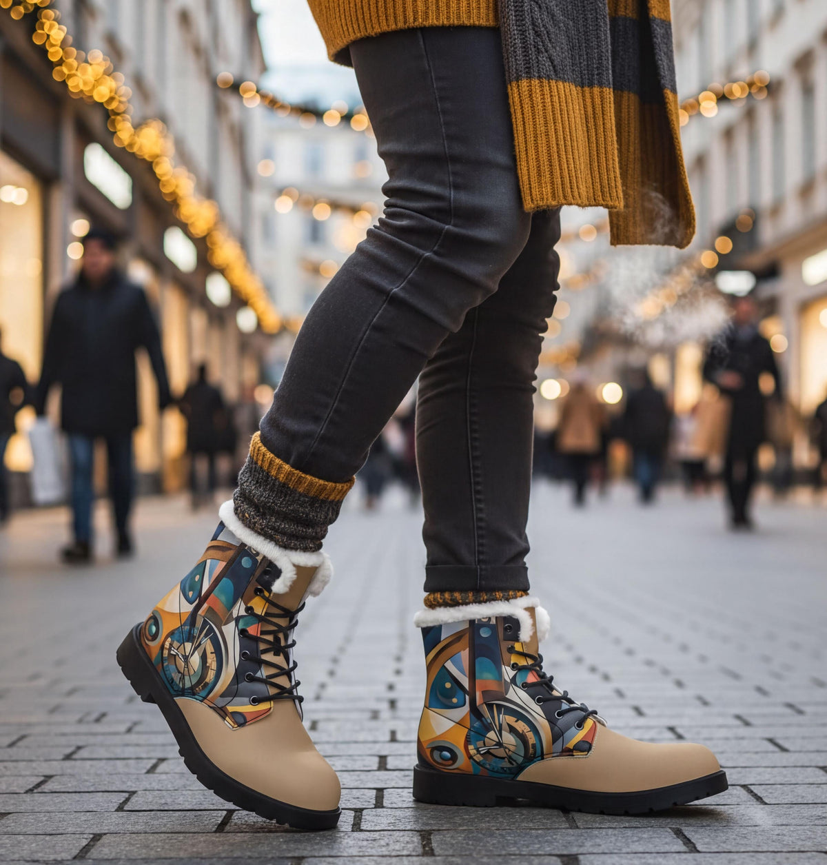 A person wearing patterned boots and a striped sweater is walking on a city street with other people in the background.