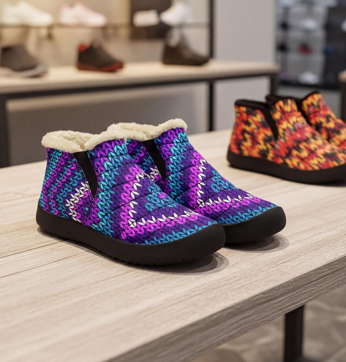 A pair of colorful, patterned boots with fur lining, displayed on a wooden table in a store.