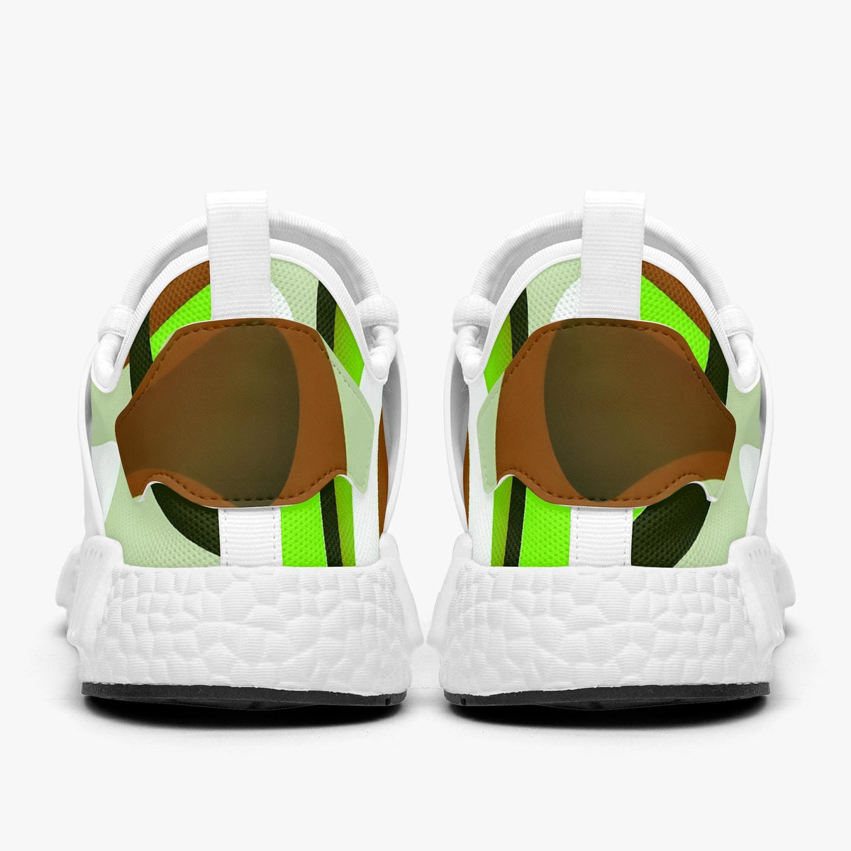 A pair of white sneakers with a colorful, abstract pattern on the back.