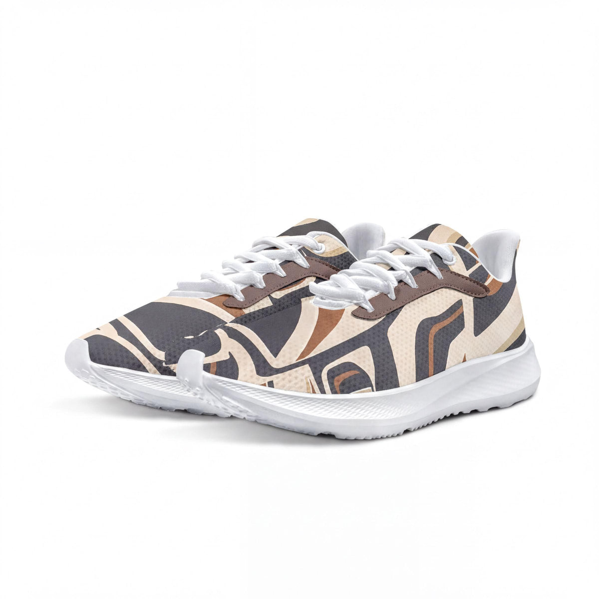 A pair of colorful sneakers with a patterned design.