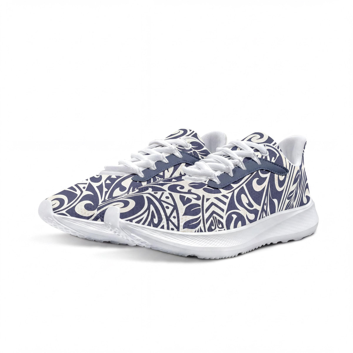 A pair of white and blue patterned sneakers with a tribal design.