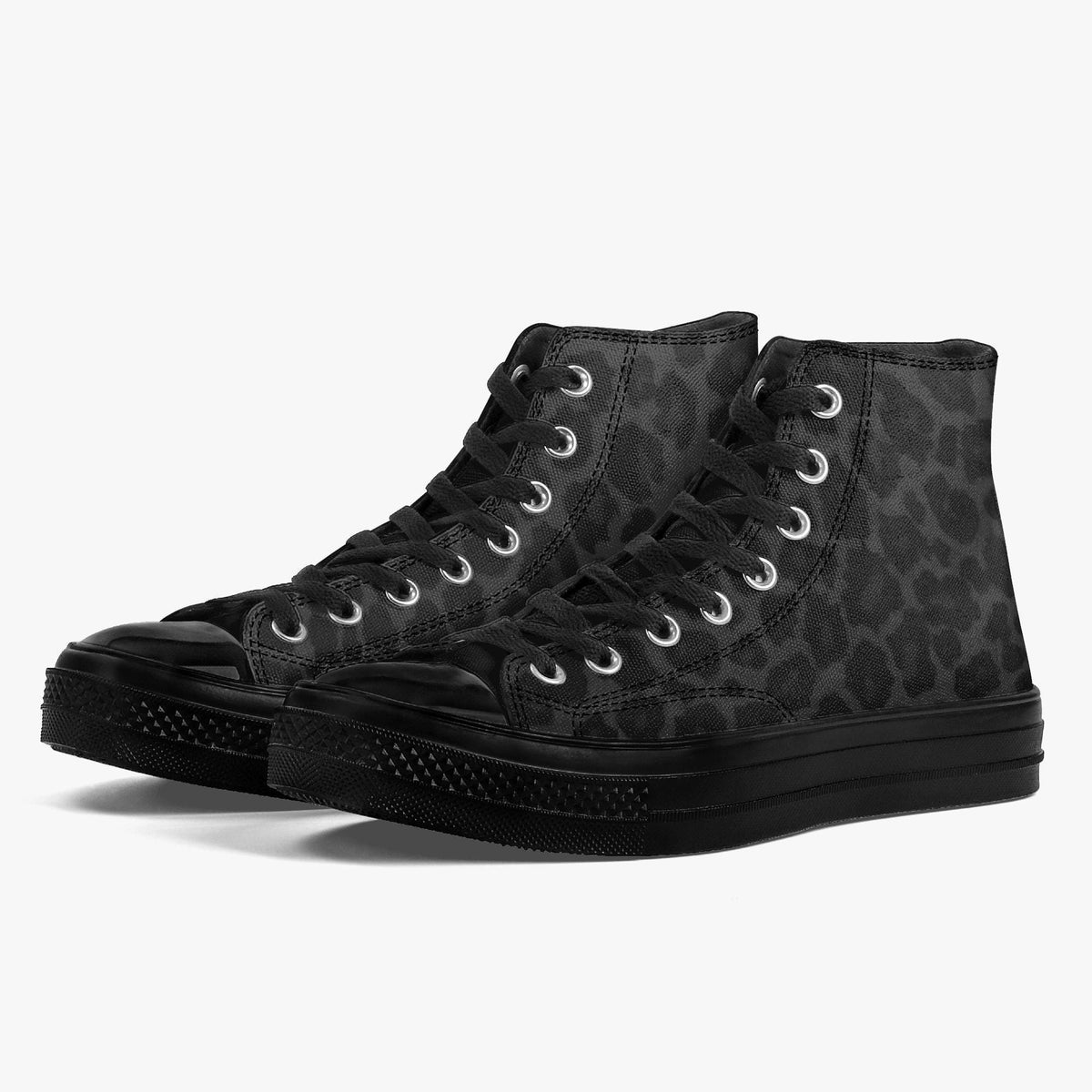 A pair of black high-top sneakers with a leopard print pattern.