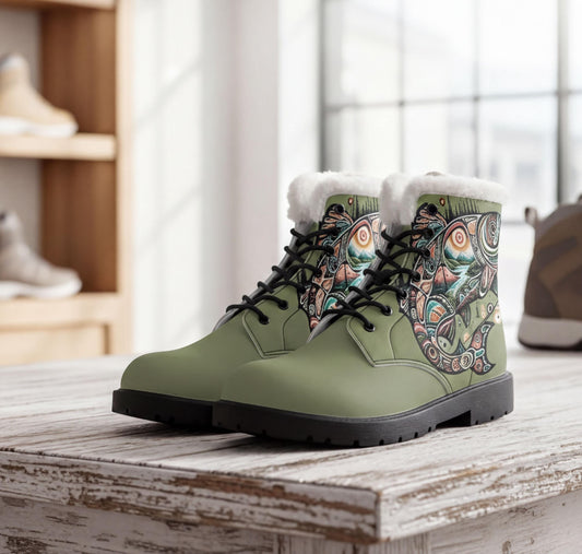 A pair of green boots with a colorful, fish-like design on the side, placed on a wooden surface.