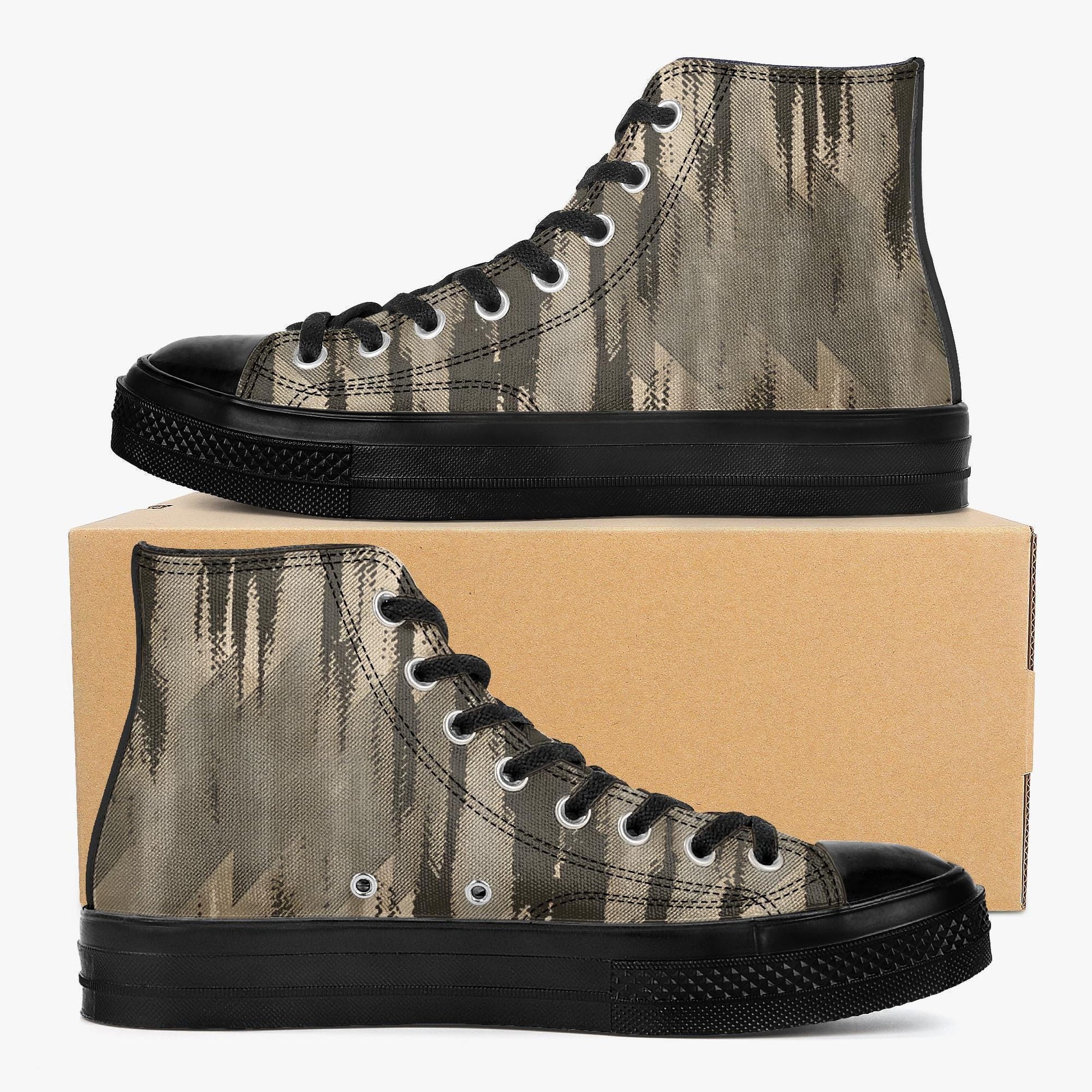 A pair of black and gray high-top sneakers with a camouflage pattern on the side.