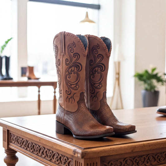 A pair of brown cowboy boots with intricate designs on the sides, placed on a wooden table.
