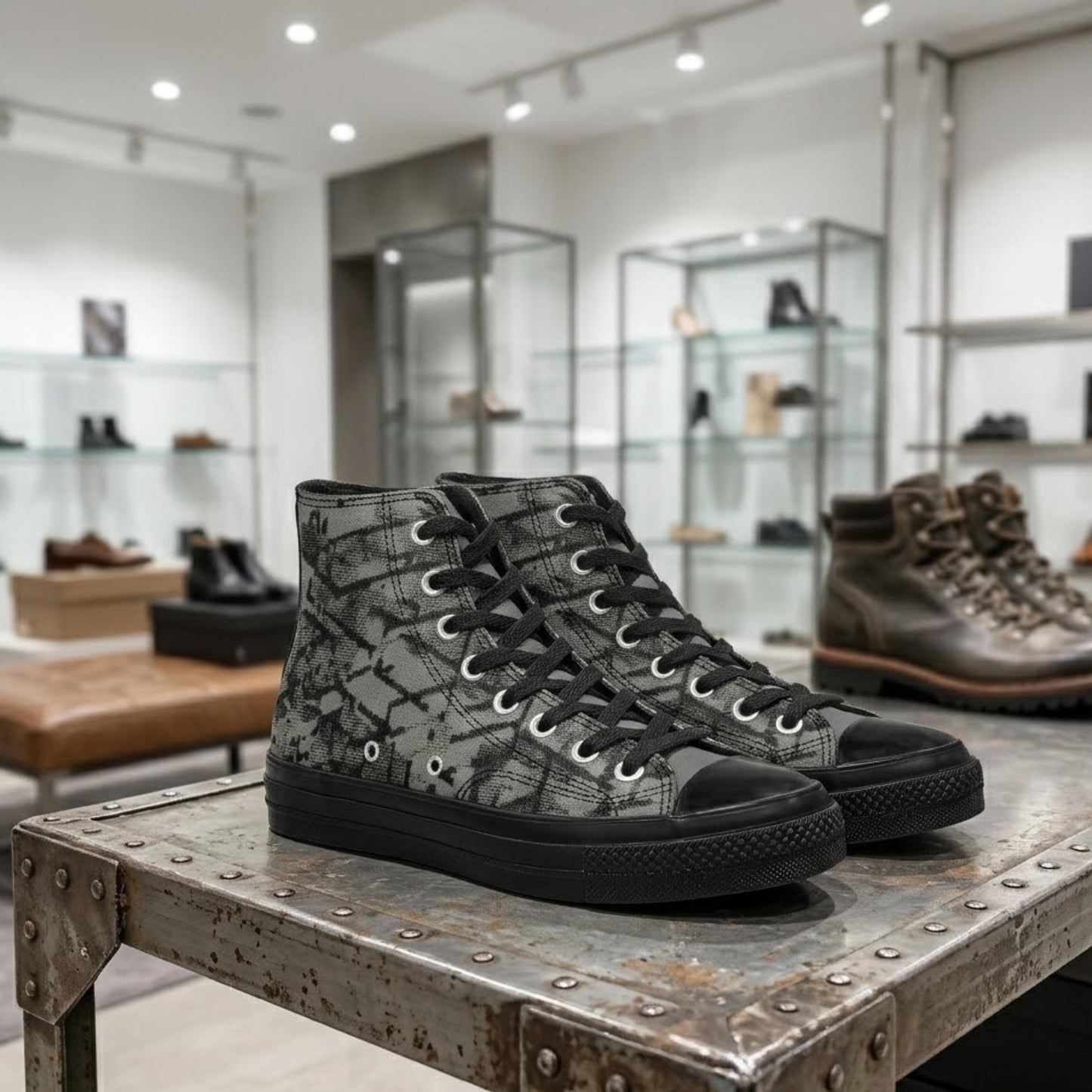 A pair of black and gray high-top sneakers with a distinctive pattern on the side, displayed on a metal table in a shoe store.