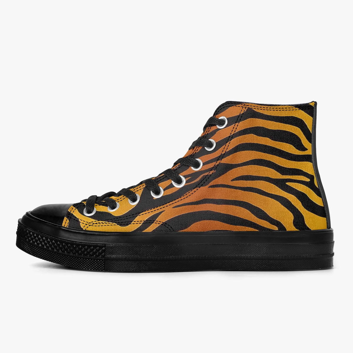 A pair of high-top sneakers with a bold tiger print pattern in black and orange colors.