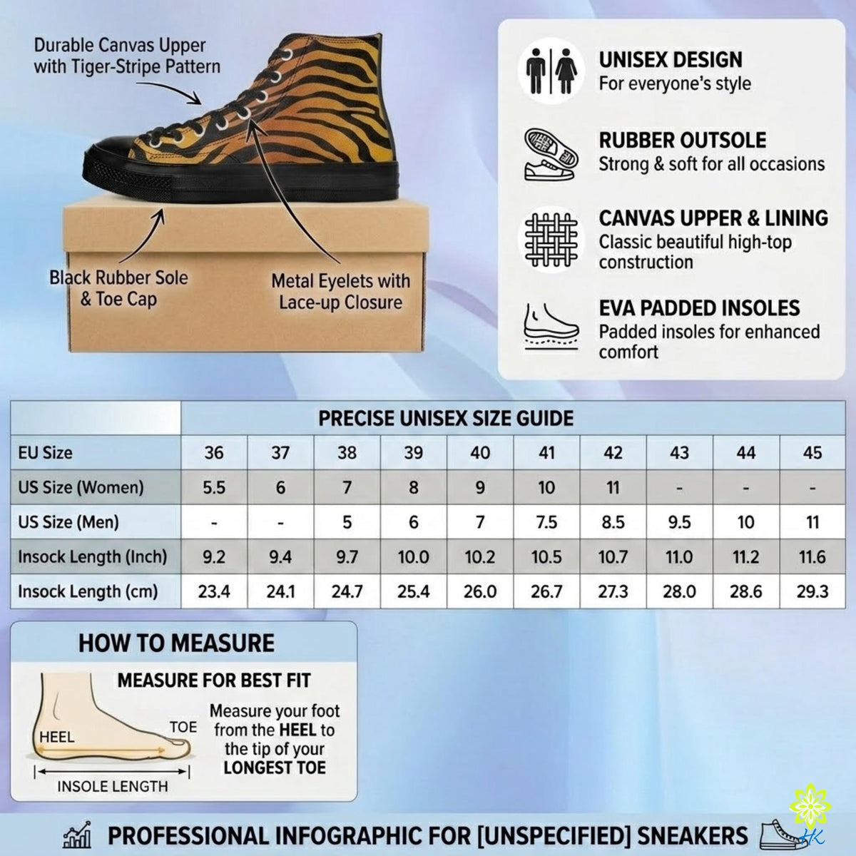 The image is a professional infographic for sneakers, providing information on the design, materials, and measurements for a specific sneaker model.