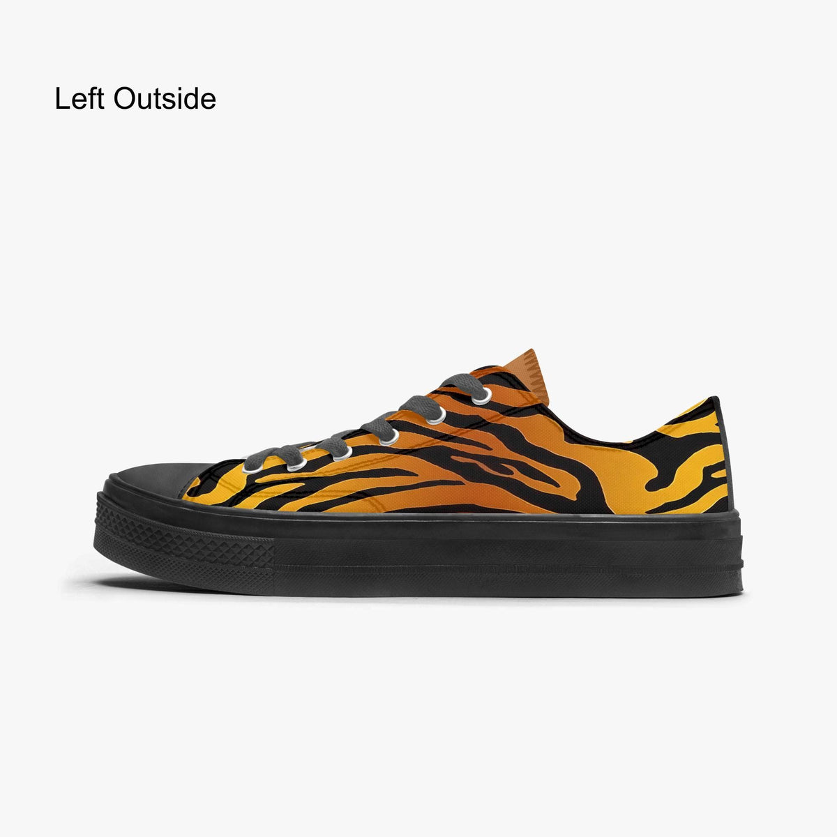 A sneaker with a tiger print pattern on the side, featuring a black and orange color scheme.
