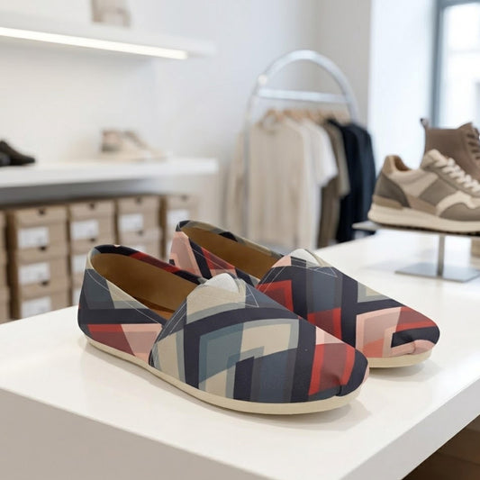 A pair of colorful patterned slip-on shoes is displayed on a white countertop in a retail store, with clothing racks and other items visible in the background.