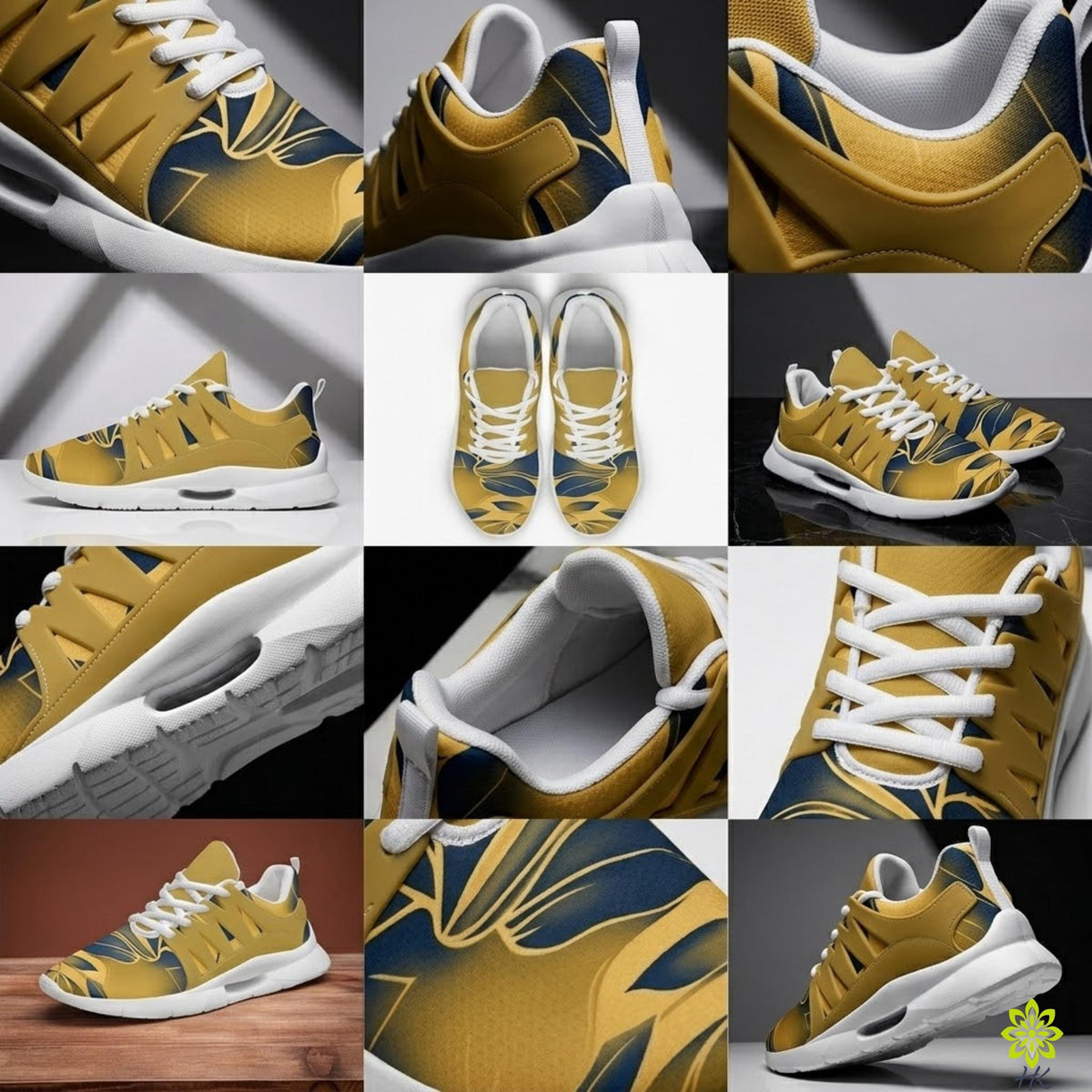 The image is a collage of various close-up views of yellow and blue sneakers, showcasing different angles and details of the footwear.