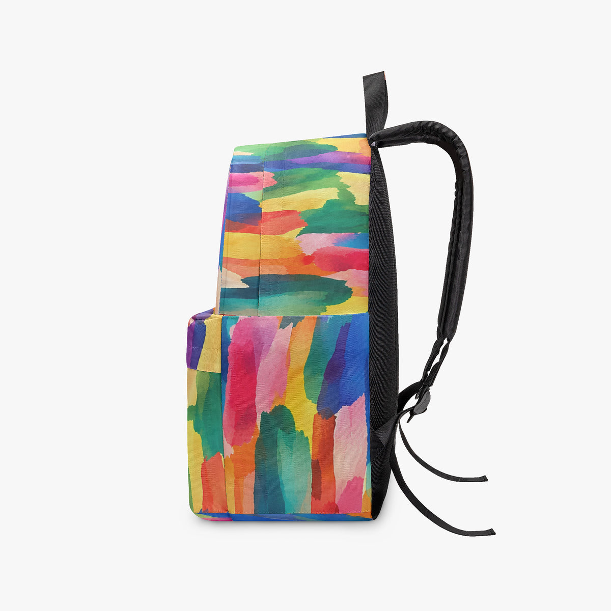 Side view of the abstract print backpack on a white background