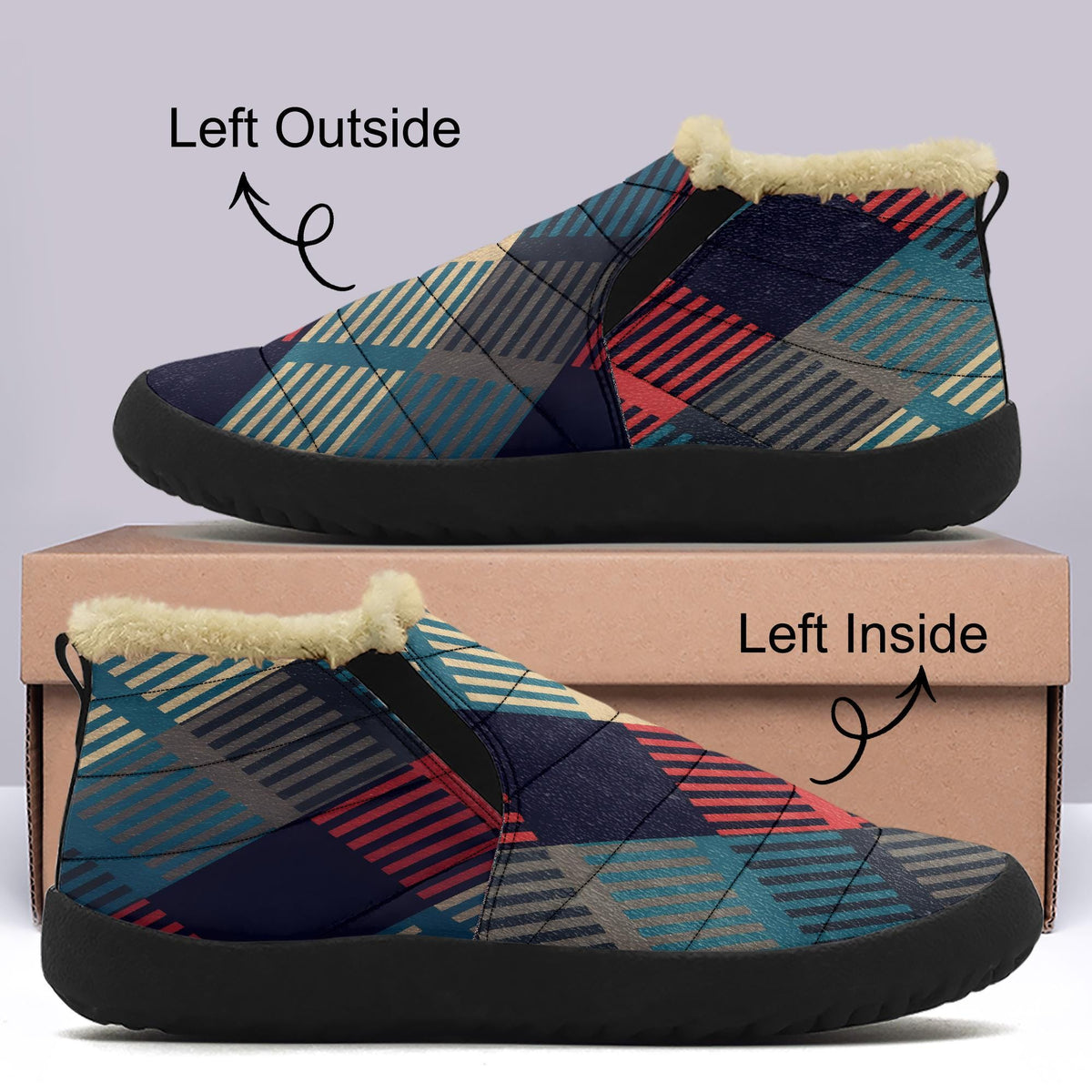 A pair of colorful patterned shoes with fur trim, displayed on top of a cardboard box.